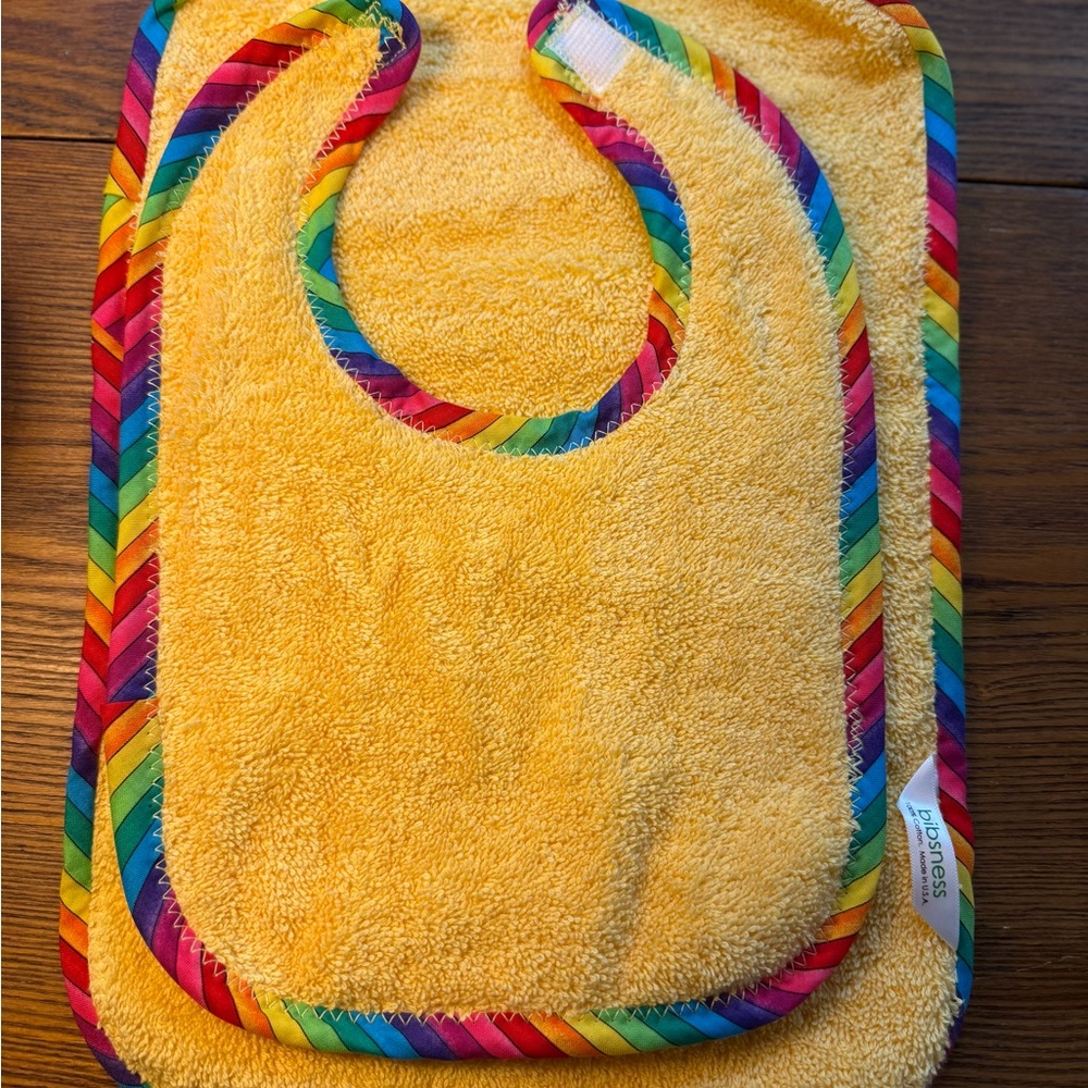 Yellow Baby Bib Set with Rainbow Trim